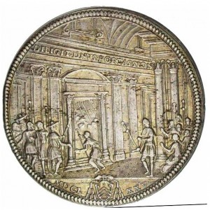 Реверс монеты Папская область, 1 пиастр, 1675, Открытие Святой двери /Герб на аверсе/