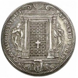 Реверс монеты Папская область, 1 пиастр, 1675, Закрытие Святой двери /Папа на аверсе/