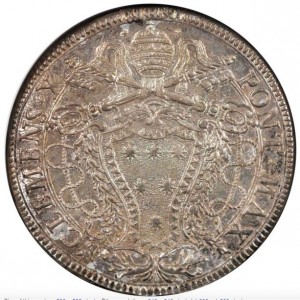 Аверс монеты Папская область, 1 пиастр, 1675, Закрытие Святой двери /герб на аверсе, CLAVSIS/