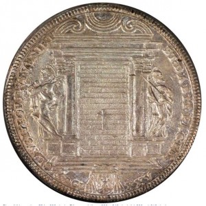 Реверс монеты Папская область, 1 пиастр, 1675, Закрытие Святой двери /герб на аверсе, CLAVSIS/