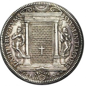 Реверс монеты Папская область, 1 пиастр, 1675, Закрытие Святой двери /герб на аверсе, DABIT/