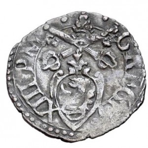 Аверс монеты Папская область, 1 кваттрино, 1572, Григорий XIII, герб, полуфигура святого Петра на реверсе