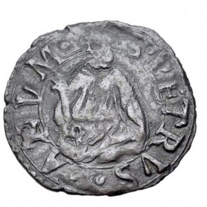 Реверс монеты Папская область, 1 кваттрино, 1572, Григорий XIII, герб, полуфигура святого Петра на реверсе