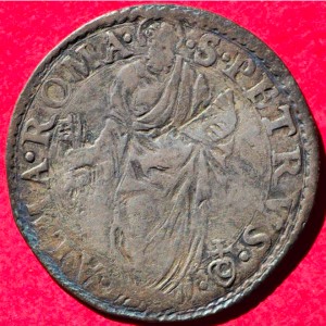 Реверс монеты Папская область, 1 джулио, 1555, Вакантный престол и дата /Святой Петр/