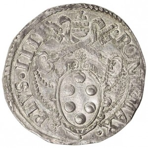Аверс монеты Папская область, 1 тестоне, 1559, Папа Пий IV, "S PETRVS..." на реверсе