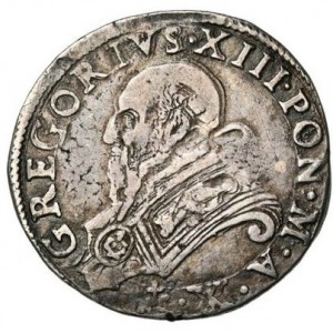 Аверс монеты Папская область, 1 тестоне, 1572-1584, Папа на аверсе, "AGGREGATA..."на реверсе