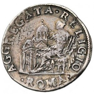 Реверс монеты Папская область, 1 тестоне, 1572-1584, Папа на аверсе, "AGGREGATA..."на реверсе