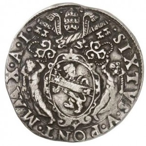 Аверс монеты Папская область, 1 тестоне, 1585, Герб на аверсе, "NVNQVAM..." на реверсе