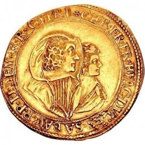 Аверс монеты Савойя, 4 скудо, 1637, Маленькие фигуры на аверсе и реверсе