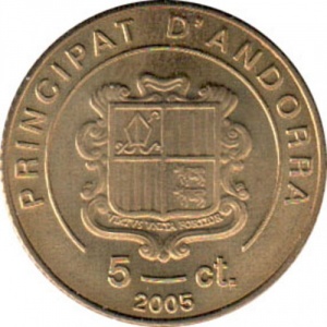 Аверс монеты Андорра, 5 сантимов, 2005, Смерть Иоанна Павла II