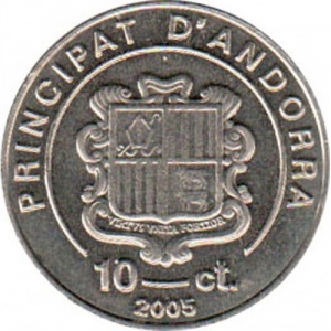 Аверс монеты Андорра, 10 сантимов, 2005, Смерть Иоанна Павла II