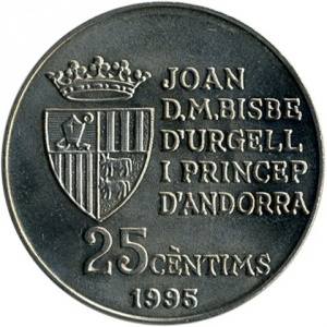 Аверс монеты Андорра, 25 сантимов, 1995, 50 лет Продовольственной программе (ФАО)