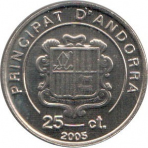Аверс монеты Андорра, 25 сантимов, 2005, Смерть Иоанна Павла II