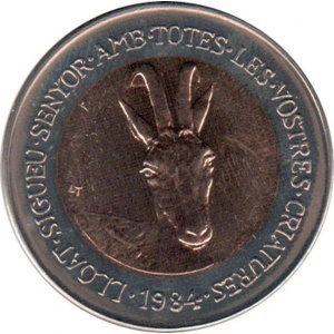 Реверс монеты Андорра, 2 динера, 1984, Животные - Пиренейская серна