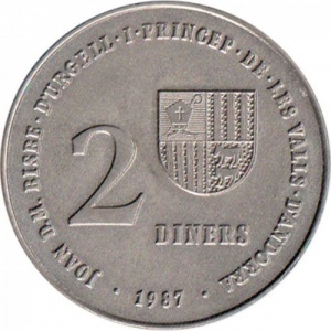 Аверс монеты Андорра, 2 динера, 1987, XXV летние Олимпийские Игры и XVI зимние Олимпийские игры