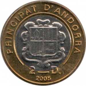 Аверс монеты Андорра, 2 динера, 2005, Смерть Иоанна Павла II