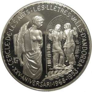 Реверс монеты Андорра, 5 динеров, 1993, 25 лет образованию кружка искусства и литературы Андорры