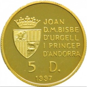 Аверс монеты Андорра, 5 динеров, 1997, XVIII зимние Олимпийские Игры, Нагано 1998