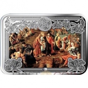 Реверс монеты Андорра, 5 динеров, 2012-2013, Чудеса Иисуса Христа - Чудо с хлебами и рыбами /Ламберт Ломбард/