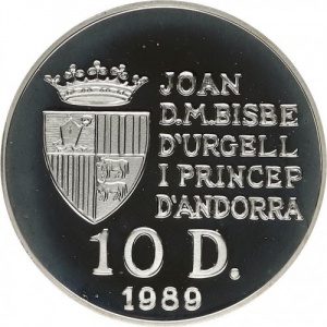 Аверс монеты Андорра, 10 динеров, 1989, Чемпионат мира по футболу 1990 /нарушение правил/