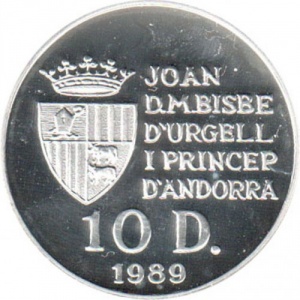 Аверс монеты Андорра, 10 динеров, 1989, XVI зимние Олимпийские игры, Альбервиль 1992