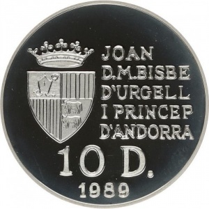 Аверс монеты Андорра, 10 динеров, 1989, Чемпионат мира по футболу 1990 /карта Италии/