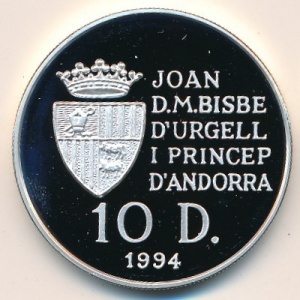 Аверс монеты Андорра, 10 динеров, 1994, XXVI летние Олимпийские Игры, Атланта 1996 - Велоспорт