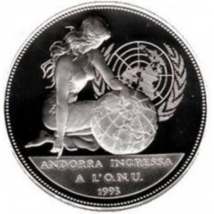 Реверс монеты Андорра, 10 динеров, 1994, Членство Андорры в ООН