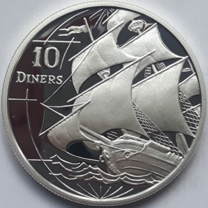 Реверс монеты Андорра, 10 динеров, 1996, Парусник