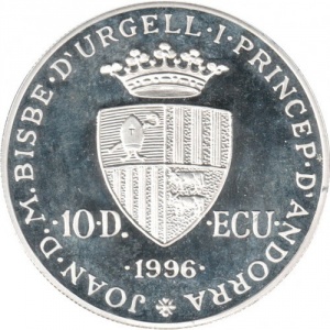 Аверс монеты Андорра, 10 динеров, 1996, Карл Великий