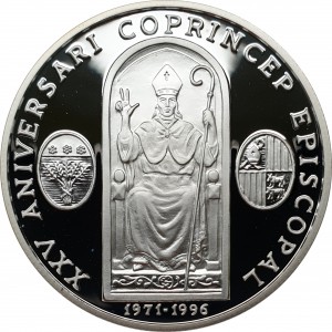 Реверс монеты Андорра, 10 динеров, 1996, 25 лет епископству Епископа Жоана Марти