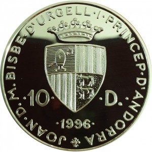 Аверс монеты Андорра, 10 динеров, 1996, Дикие животные - Европейская выдра