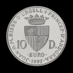 Аверс монеты Андорра, 10 динеров, 1997, 40 лет подписанию Римского соглашения