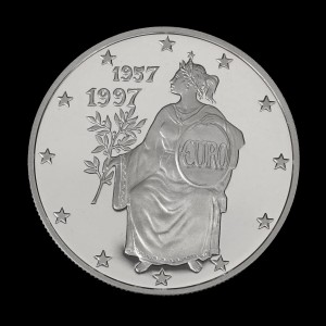 Реверс монеты Андорра, 10 динеров, 1997, 40 лет подписанию Римского соглашения