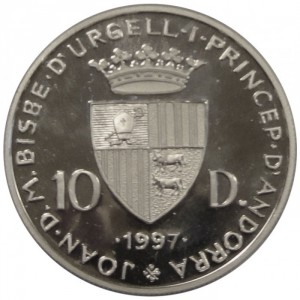 Аверс монеты Андорра, 10 динеров, 1997, Чемпионат мира по футболу 1998