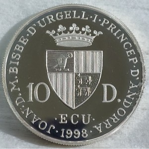 Аверс монеты Андорра, 10 динеров, 1998, Клаудио Монтеверди