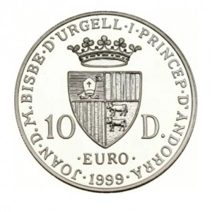 Аверс монеты Андорра, 10 динеров, 1999, 50 лет Европейскому совету