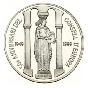 Реверс монеты Андорра, 10 динеров, 1999, 50 лет Европейскому совету
