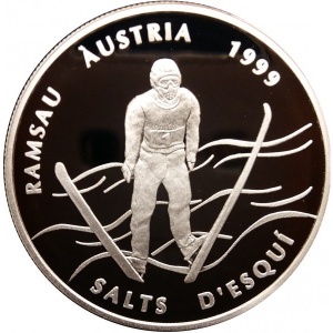 Реверс монеты Андорра, 10 динеров, 1999, XLII Чемпионат мира по лыжным гонкам, Рамзау 1999 - Прыжки с трамплина