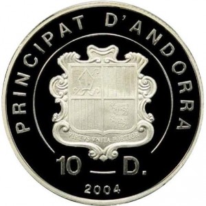Аверс монеты Андорра, 10 динеров, 2004, Папа римский Иоанн Павел II - Папа римский с пастырским посохом и голубями