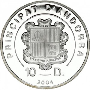Аверс монеты Андорра, 10 динеров, 2004, Папа Иоанн Павел II - Папа римский с пастырским персоналом