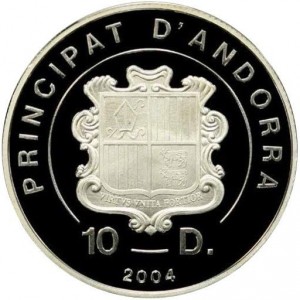 Аверс монеты Андорра, 10 динеров, 2004, Папа Иоанн Павел II - Папа пишет