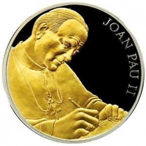 Реверс монеты Андорра, 10 динеров, 2004, Папа Иоанн Павел II - Папа пишет