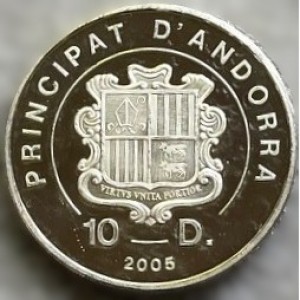 Аверс монеты Андорра, 10 динеров, 2005, Смерть Папы Иоанна Павла II - Папа Римский и молитва