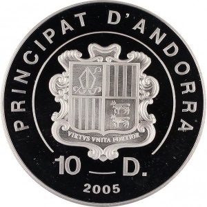 Аверс монеты Андорра, 10 динеров, 2005, Смерть Папы Римского Иоанна Павла II - Папа Римский и Мать Тереза