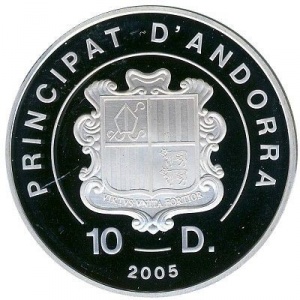Аверс монеты Андорра, 10 динеров, 2005, Места паломничества в мире - Сантьяго-де-Компостела
