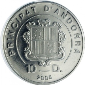 Аверс монеты Андорра, 10 динеров, 2005, Избрание нового Папы Римского Бенедикта XVI