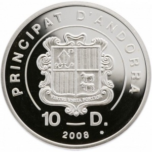Аверс монеты Андорра, 10 динеров, 2008, Кайтсёрфинг