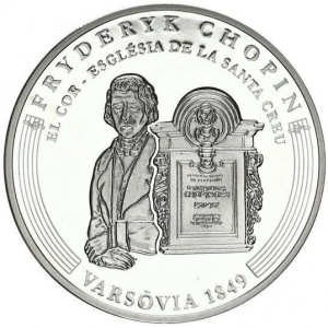 Реверс монеты Андорра, 10 динеров, 2009, 160 лет со дня смерти Фридерика Шопена. Варшава 1849 г.