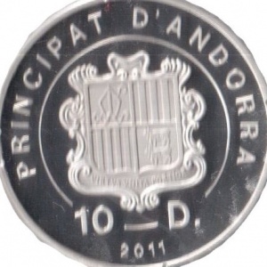 Аверс монеты Андорра, 10 динеров, 2011, Горнолыжный спорт в программе Олимпийских игр